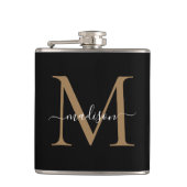 Elegant Black Gold Monogram Stylish Script Name Flachmann (Vorderseite)