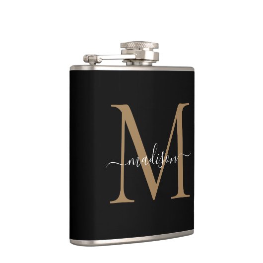 Elegant Black Gold Monogram Stylish Script Name Flachmann (Rechts)