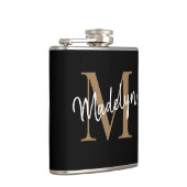 Elegant Black Gold Monogram Stylish Script Name Flachmann (Rechts)
