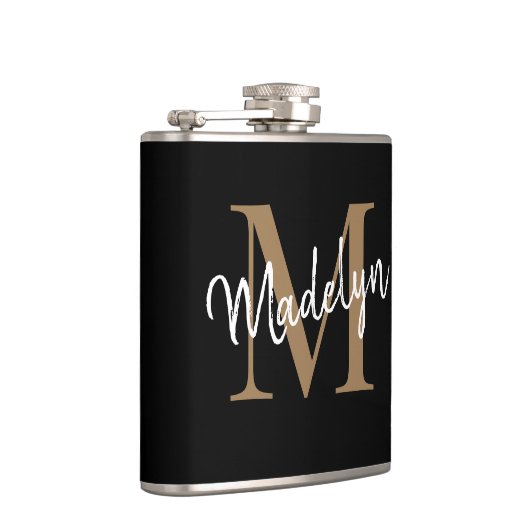 Elegant Black Gold Monogram Stylish Script Name Flachmann (Rechts)