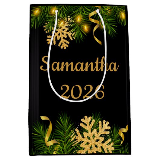 Elegant Black & Gold New Year Gift Bag Mittlere Geschenktüte (Vorderseite)