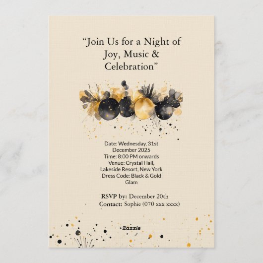 Elegant Black & Gold New Year Invitation Einladung (Rückseite)