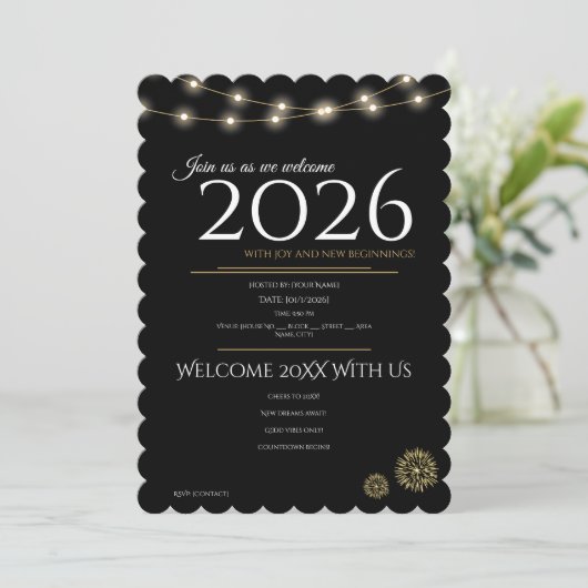Elegant Black & Gold New Year's Eve Party  Einladung (Stehend Vorderseite)