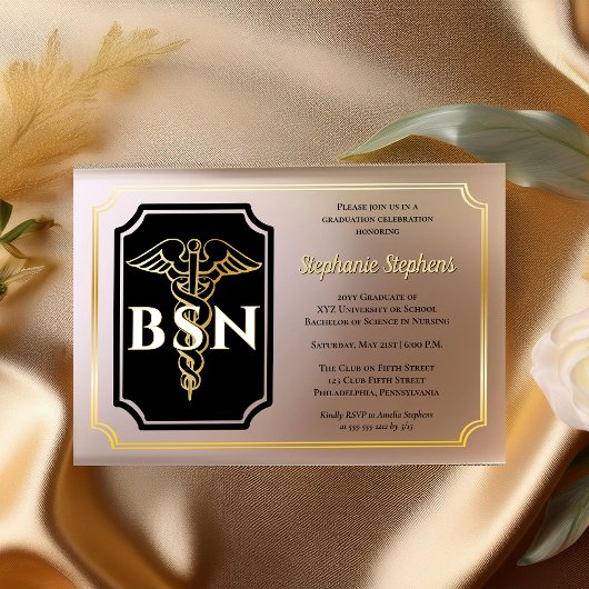 Elegant Black | Gold Nurse BSN Graduation Party Acryleinladungen