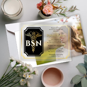 Elegant Black   Gold Nurse BSN Graduation Party Pergament Einladungen