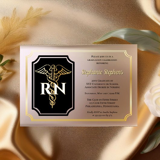 Elegant Black | Gold Nurse RN Graduation Party Acryleinladungen