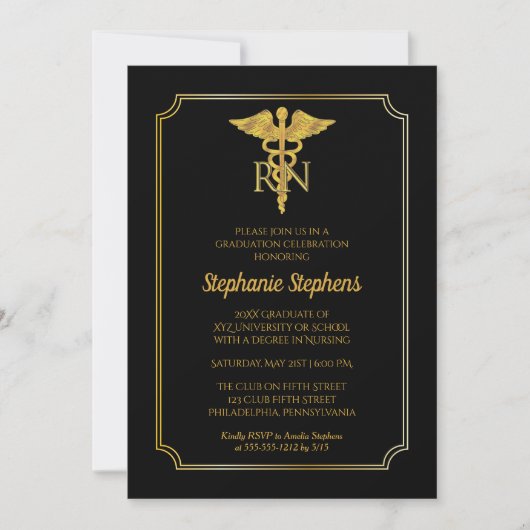 Elegant Black | Gold Nurse RN Graduation Party Einladung (Vorderseite)