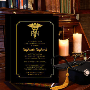 Elegant Black Gold Nurse RN Graduation Party Einladung