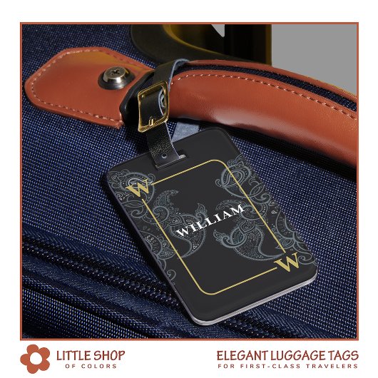 Elegant Black Gold Paisley Monogram Gepäckanhänger