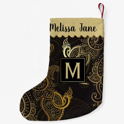 Elegant Black Gold Paisley Monogram Kleiner Weihnachtsstrumpf (Rückseite)