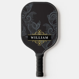 Elegant Black Gold Paisley Monogram Pickleball Schläger