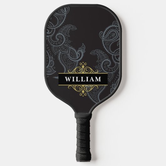 Elegant Black Gold Paisley Monogram Pickleball Schläger (Vorderseite)