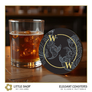 Elegant Black Gold Paisley Monogram Runder Pappuntersetzer
