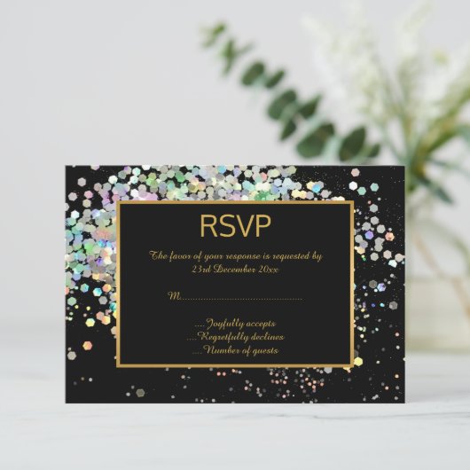ELEGANT BLACK GOLD PASTEL HOLOGRAPHIC CUSTOM UAWG RSVP KARTE (Stehend Vorderseite)