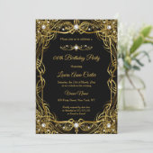 Elegant Black Gold Pearl Damask Geburtstag Einladung (Stehend Vorderseite)