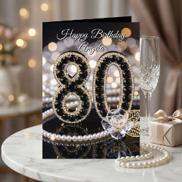 Elegant Black Gold Pearl Diamond 80th Birthday Karte