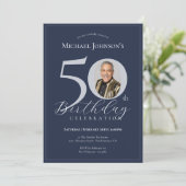 Elegant Black Gold Photo 50th Birthday Einladung (Stehend Vorderseite)