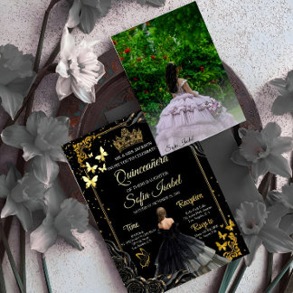 Elegant Black Gold Photo Quinceañera Invite Folieneinladung