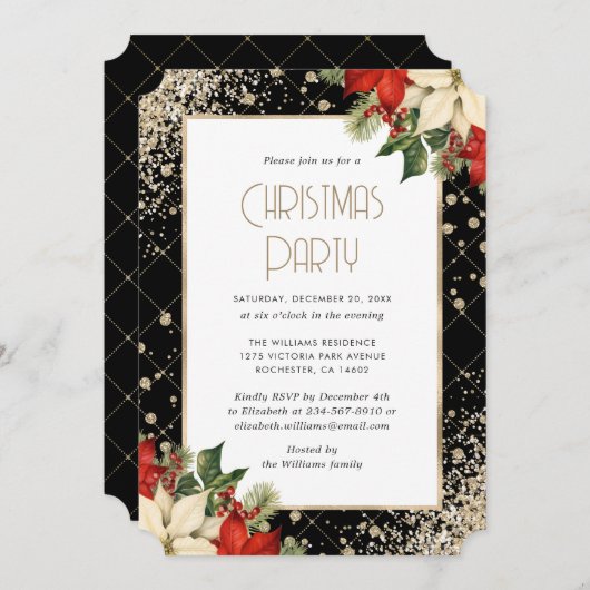 Elegant Black Gold Poinsettia Christmas Party Einladung (Vorne/Hinten)