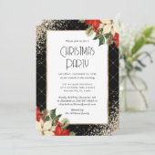 Elegant Black Gold Poinsettia Christmas Party Einladung (Stehend Vorderseite)
