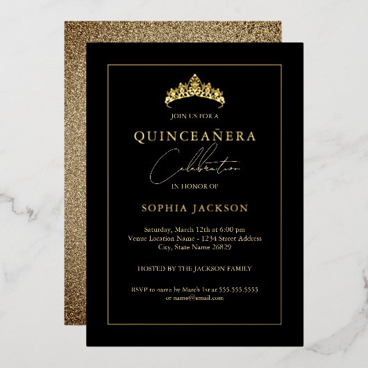 Elegant Black Gold Quinceanera 15. Folieneinladung (Vorderseite/Rückseite)