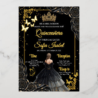 Elegant Black Gold Quinceañera Invite Foil Folieneinladung