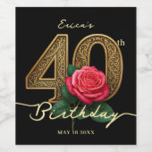 Elegant Black Gold Red Rose 40th Birthday Party Weinetikett (Einzelnes Label)