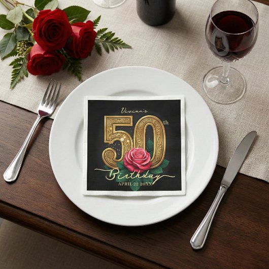 Elegant Black Gold Red Rose 50th Birthday Party Serviette