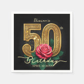 Elegant Black Gold Red Rose 50th Birthday Party Serviette (Vorderseite)