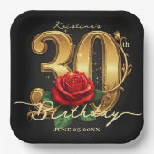 Elegant Black Gold Red Rose Floral 30th Birthday Pappteller (Vorderseite)