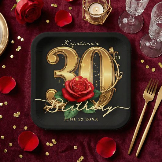 Elegant Black Gold Red Rose Floral 30th Birthday Pappteller