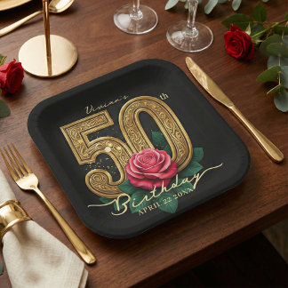 Elegant Black Gold Red Rose Floral 50th Birthday Pappteller