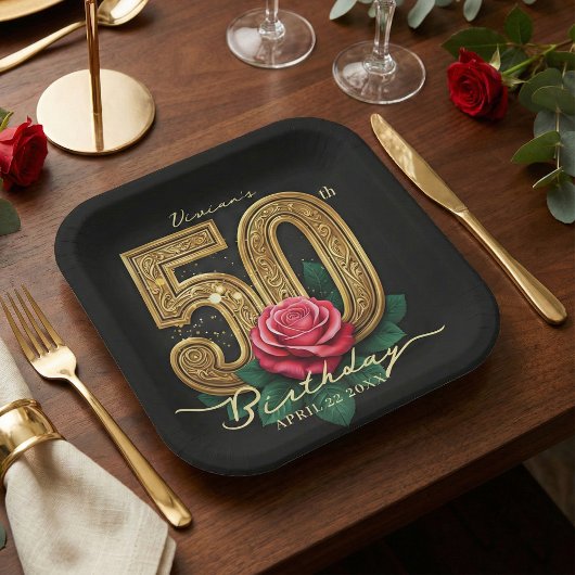 Elegant Black Gold Red Rose Floral 50th Birthday Pappteller