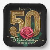 Elegant Black Gold Red Rose Floral 50th Birthday Pappteller (Vorderseite)