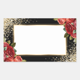 Elegant Black Gold Red Rose Floral Name Tag Rechteckiger Aufkleber