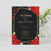 Elegant Black Gold Red Roses 18th Birthday Debut Einladung (Stehend Vorderseite)