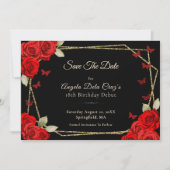 Elegant Black Gold Red Roses 18th Birthday Debut Save The Date (Vorderseite)
