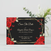 Elegant Black Gold Red Roses 18th Birthday Debut Save The Date (Stehend Vorderseite)