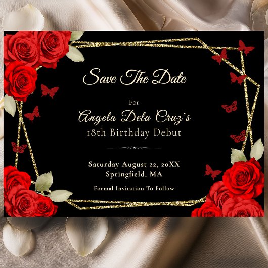 Elegant Black Gold Red Roses 18th Birthday Debut Save The Date