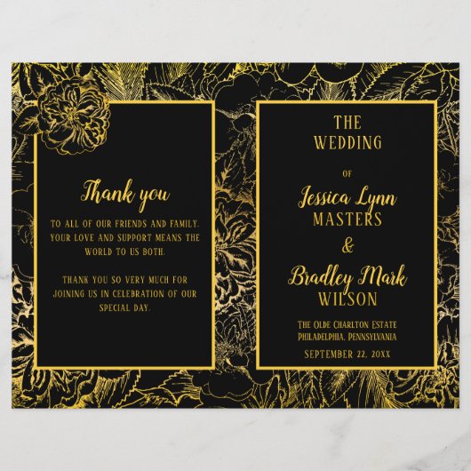 Elegant Black | Gold Rose Floral Wedding Program (Vorderseite)