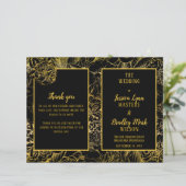 Elegant Black | Gold Rose Floral Wedding Program (Stehend Vorderseite)
