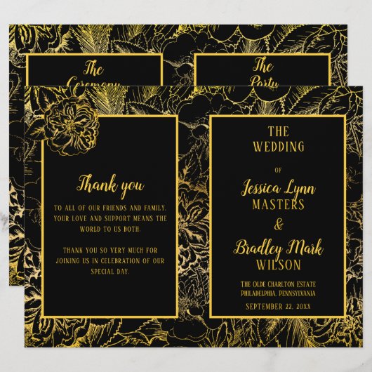 Elegant Black | Gold Rose Floral Wedding Program (Vorne/Hinten)