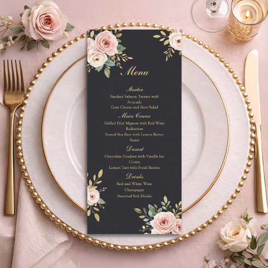 Elegant Black & Gold Roses Wedding Flat Menu Menükarte