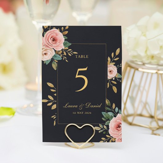 Elegant Black & Gold Roses Wedding Table Number Tischnummer