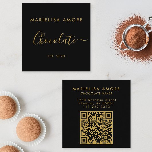 Elegant Black Gold Script Chocolate Qr Code Quadratische Visitenkarte