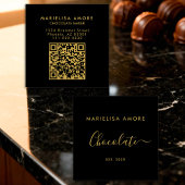Elegant Black Gold Script Chocolate Qr Code Quadratische Visitenkarte