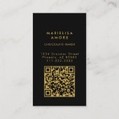 Elegant Black Gold Script Chocolate Qr Code Visitenkarte (Rückseite)
