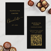 Elegant Black Gold Script Chocolate Qr Code Visitenkarte