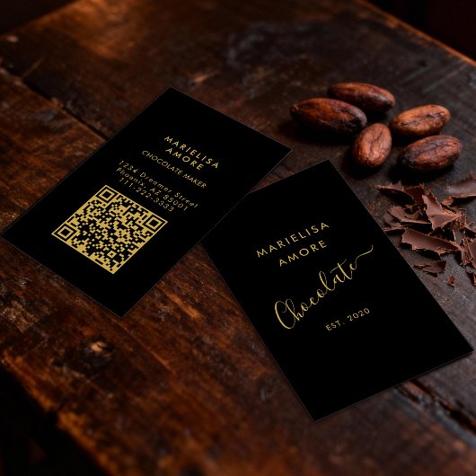 Elegant Black Gold Script Chocolate Qr Code Visitenkarte