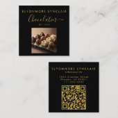 Elegant Black Gold Script Chocolatier Photo QrCode Quadratische Visitenkarte (Vorne/Hinten)